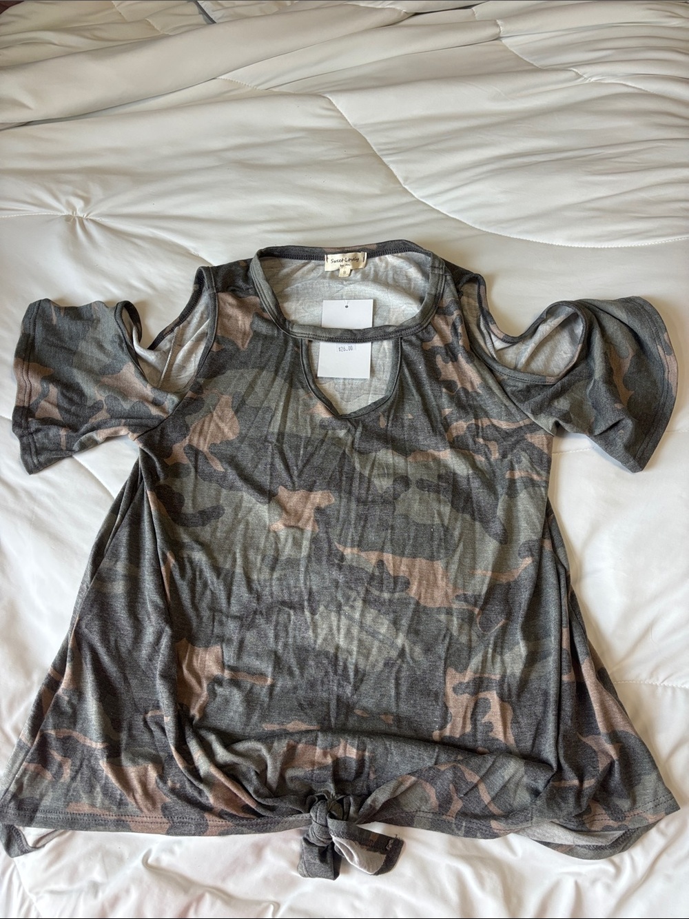 Cold-Shoulder Camo Tie-Front Tunic Top - Olive & Brown